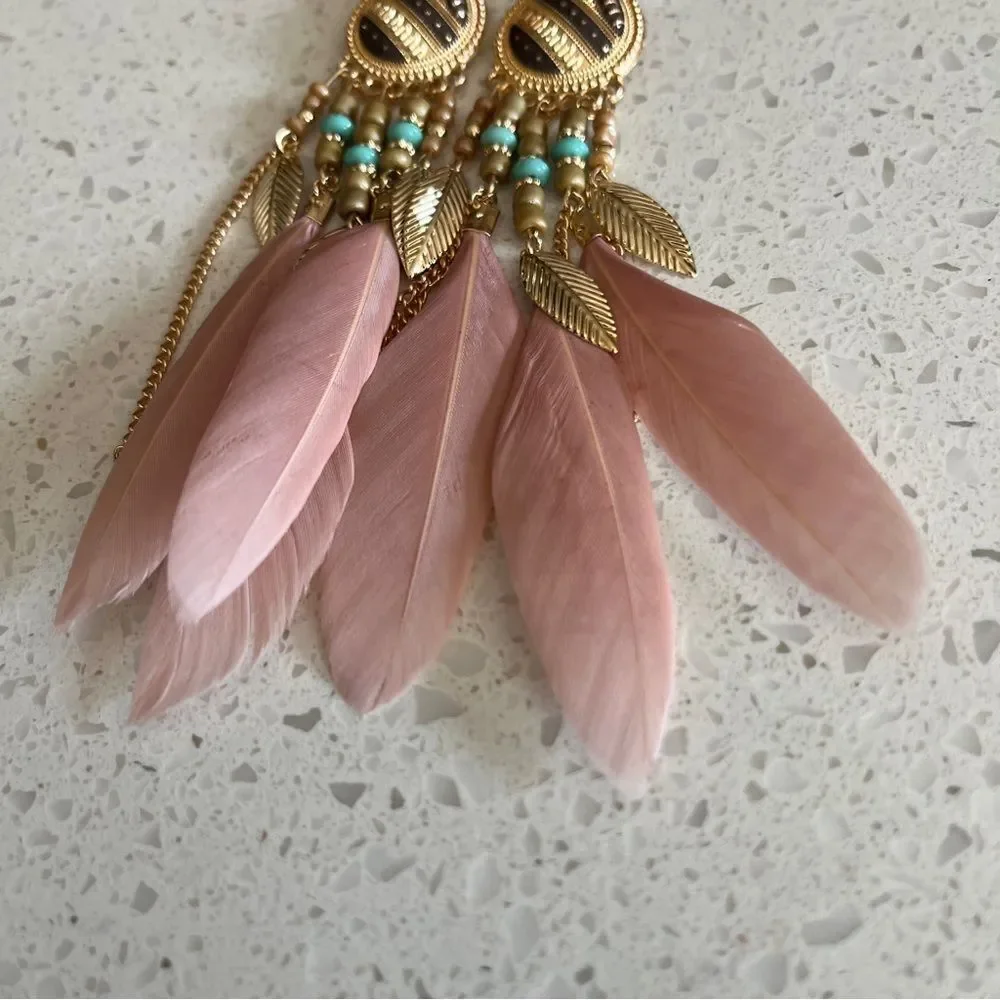 Vintage Style Feather Tassel Earrings‎ with Stainless Steel studs